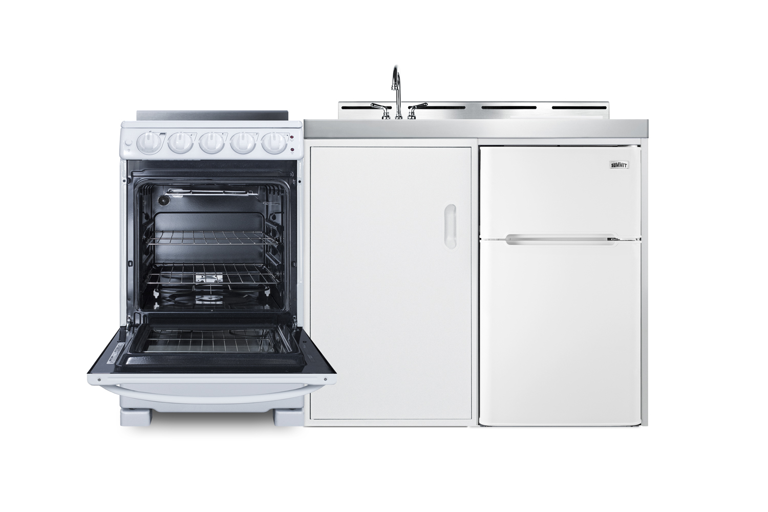 60 inch wide all-in-one kitchenette with 4-burner 220V smooth-top electric range, refrigerator-freezer sink, cutting board and cutlery storage, and a storage cabinet